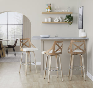 English Elm Fixed-height Swivel Barstools Whitewashed Wood Faux Leather Seat Chrome Footrest Set 2 B202S01890