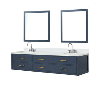 English Elm Blue Double Bath Vanity Set With White Quartz Top, Chrome Faucets, And Dual 36" Mirrors - Elegant Storage B2731S01847