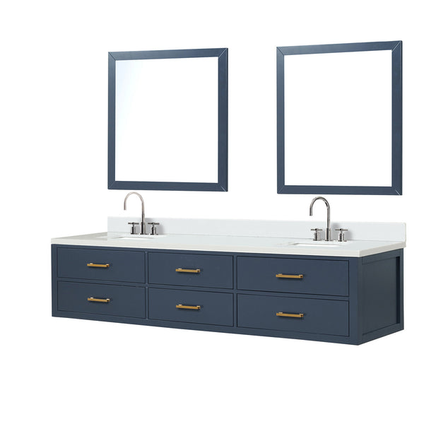 English Elm Blue Double Bath Vanity Set With White Quartz Top, Chrome Faucets, And Dual 36" Mirrors - Elegant Storage B2731S01847
