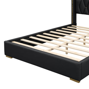 English Elm Full Upholstered Platform Bed with PU Headboard and Metal Accent Strips, Sturdy Slats, Black 440lb Capacity SF000148AAB