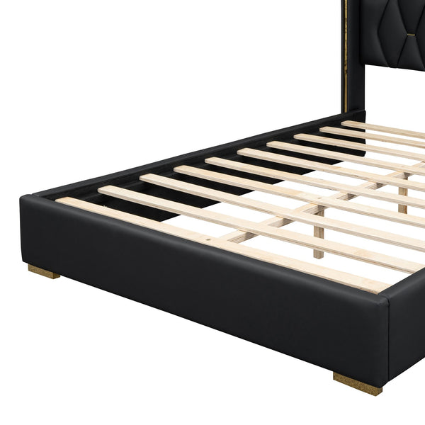 English Elm Full Upholstered Platform Bed with PU Headboard and Metal Accent Strips, Sturdy Slats, Black 440lb Capacity SF000148AAB