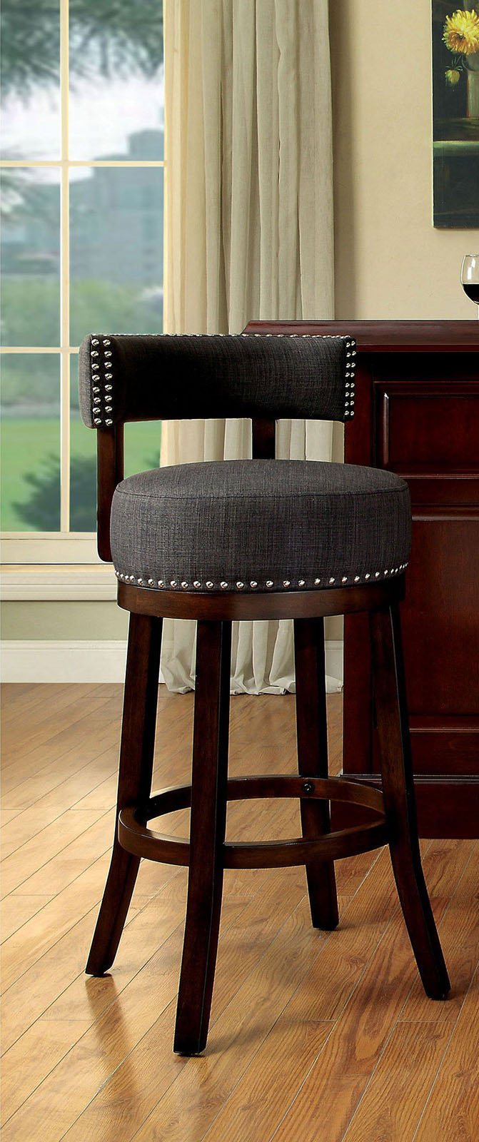 English Elm Bar Chairs Set Of 2 - Elegant Upholstered Stools With Dark Oak Legs & Gray Fabric For Home Bars B2741P339266
