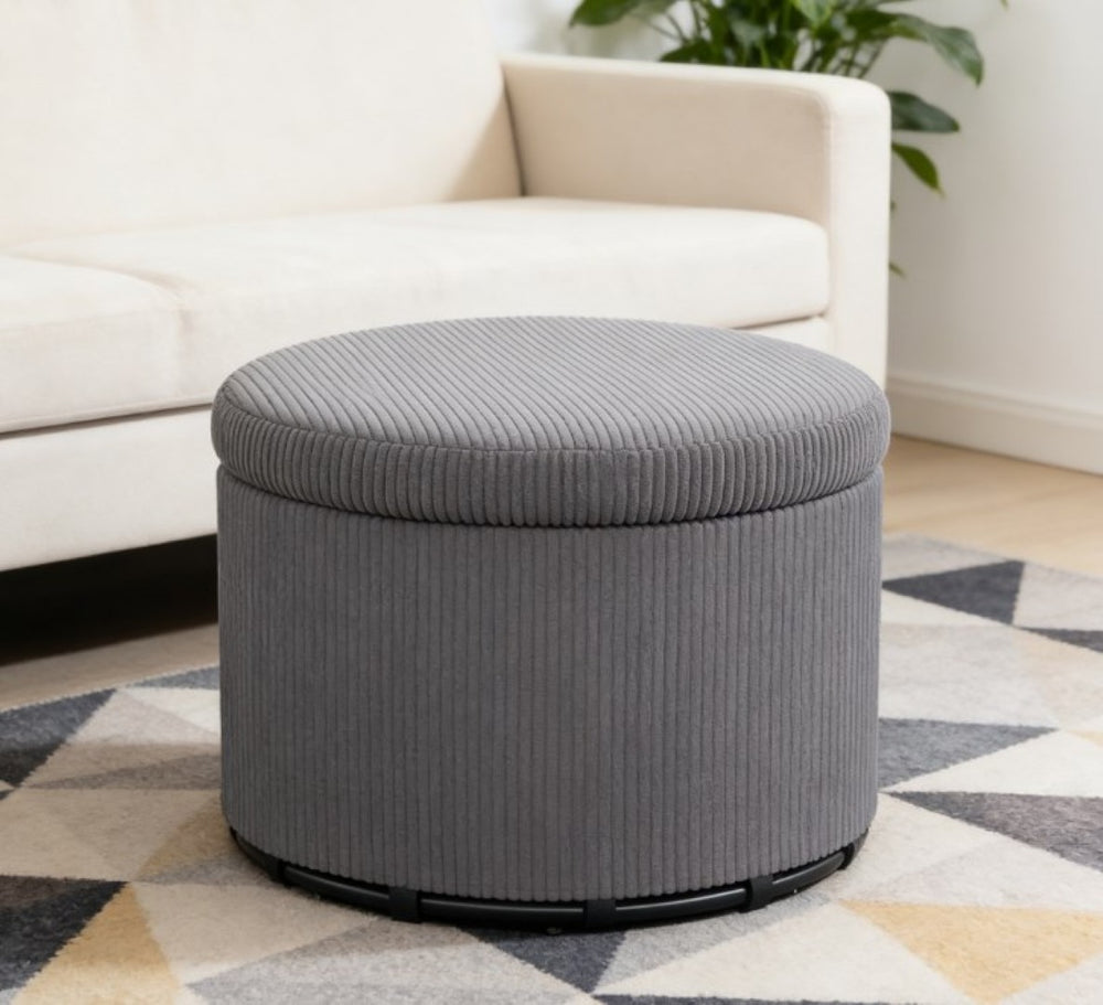 English Elm Upholstered Corduroy Round Storage Ottoman with Lid for Living Room or Bedroom T3971P430899