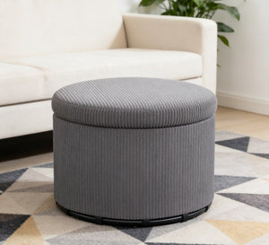 English Elm Upholstered Corduroy Round Storage Ottoman with Lid for Living Room or Bedroom T3971P430899
