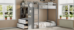 English Elm Twin Bunk Bed with Storage Drawers Hanging Rail Led Shelves and Pegboard Organizer Gray LT000282AAE