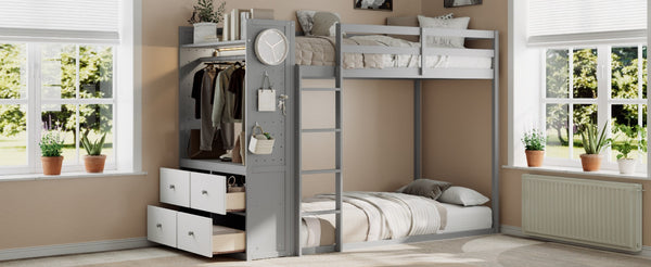 English Elm Twin Bunk Bed with Storage Drawers Hanging Rail Led Shelves and Pegboard Organizer Gray LT000282AAE