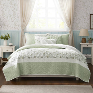 JLA Home Madison Park - 6 Cotton Percale Quilt Set with Floral Pintuck, Lace Taping and Three Throw Pillows for Cottage Chic Bedding 92 L x 104 W x 0.25H MP13-8602