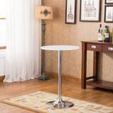 English Elm Baxton White Adjustable Height Wood and Chrome Metal Bar Table and 2 Chrome Air Lift Adjustable Swivel Stools Set