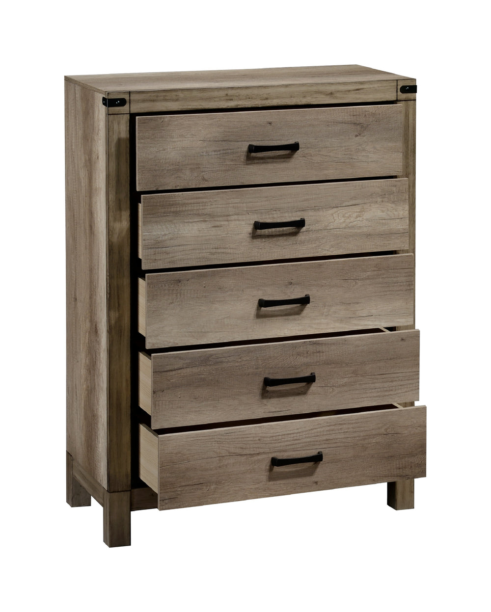 English Elm 1pc Five-Drawer Chest in White Mist Finish with Metal Knobs & Handles, Spacious Bedroom Storage Solution Brown 37.5 L x 19 W x 52 H B011P228965