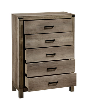 English Elm 1pc Five-Drawer Chest in White Mist Finish with Metal Knobs & Handles, Spacious Bedroom Storage Solution Brown 37.5 L x 19 W x 52 H B011P228965