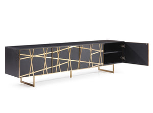 VIG Furniture Kilson Modern Black Ash Veneer Tv Stand With Champagne Gold Legs, Geometric Front, 87"W Storage VGVCTV1819-WG-BLK-TV