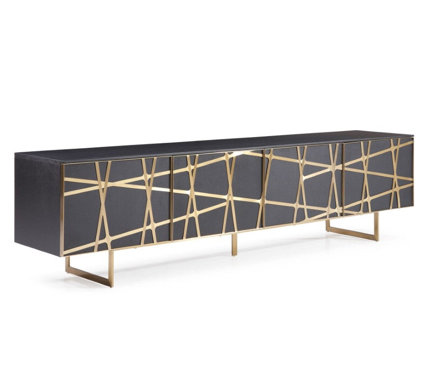 VIG Furniture Kilson Modern Black Ash Veneer Tv Stand With Champagne Gold Legs, Geometric Front, 87"W Storage VGVCTV1819-WG-BLK-TV