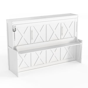 English Elm Full Murphy Bed with Fold Down Desk Led Lighting and Usb Port for Studio Spaces White W1580S00454