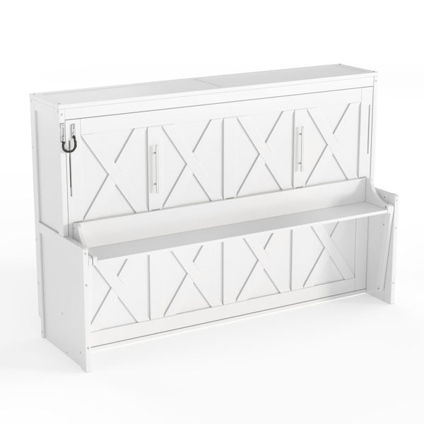 English Elm Full Murphy Bed with Fold Down Desk Led Lighting and Usb Port for Studio Spaces White W1580S00454