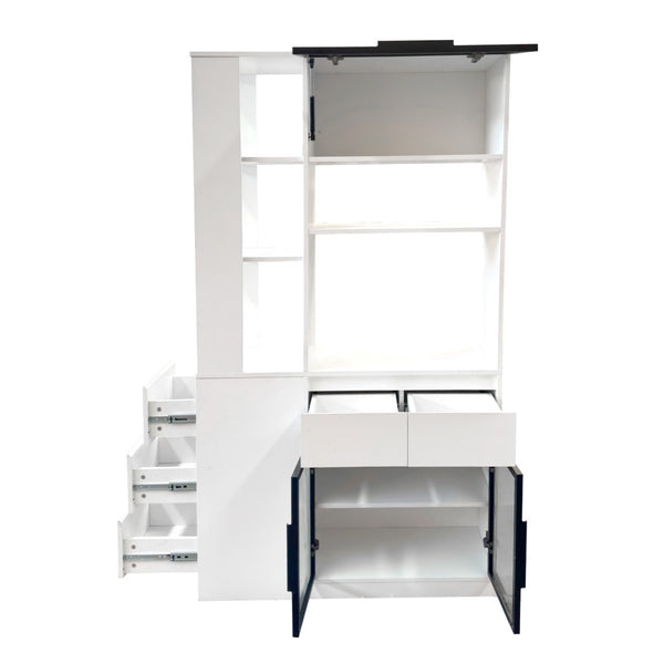 English Elm 70.87"h Tall Storage Cabinet Glass Panel Doors Asymmetric Drawers Modern Hallway Organizer W331S00204