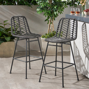 English Elm Christopher Knight Home® - Sawtelle Hand-Wrapped Faux Rattan Barstools Set of 2 — Metal Frame, Modern Minimal Outdoor Chic Grey 65481.00GRY