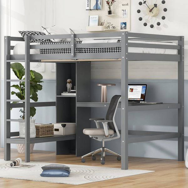 English Elm Full Size Loft Bed With Under-Bed Desk And Stylish Shelves For Space-Saving Bedroom Solutions N7090005004E