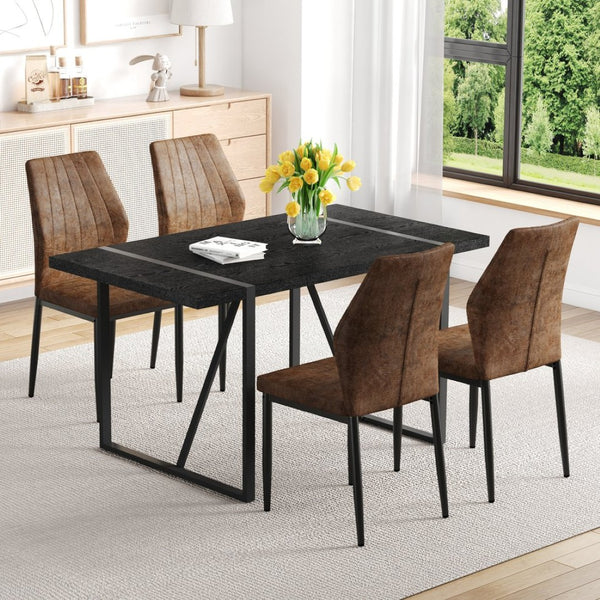 English Elm Black Faux Wood Grain Rectangular Dining Set with Shell Pattern Upholstered Chairs W1151S04370
