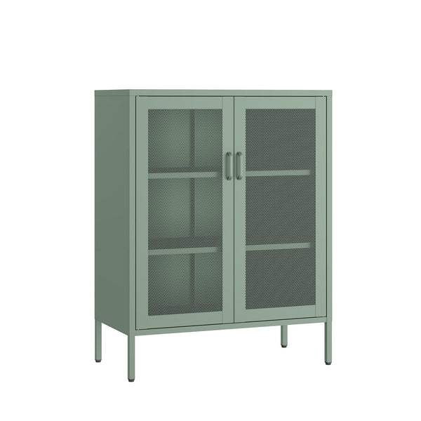 English Elm Amelia Metal Accent Cabinet 32" — Steel Mesh Doors, Adjustable Shelves, Minimalist Legs for Modern Storage Solutions Sage Green B365P397886