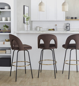 English Elm Fixed-height Swivel Barstools with Gold Footrest Black Frame White Upholstery Set Espresso B202S01884