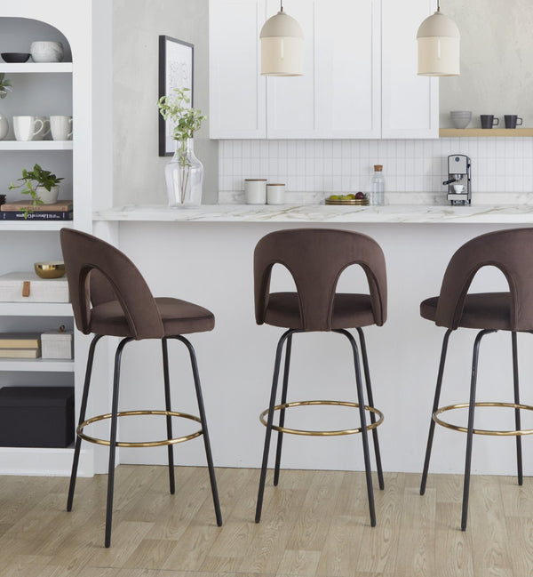 English Elm Fixed-height Swivel Barstools with Gold Footrest Black Frame White Upholstery Set Espresso B202S01884