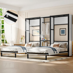 English Elm Twin Twin Murphy Bed with Metal Frame, Foldable 2-in-1 Space-Saving Design, Built-In Wardrobe, Shelves, Power Outlets and Durable Storage Solution Off White W1580S00147