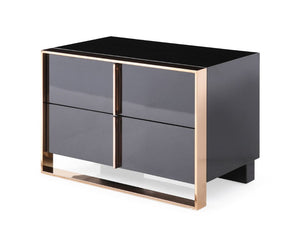 VIG Furniture Cartier Modern Nightstand In Glossy Black With RoséGold Stainless Frame, Soft-Close Drawers, Luxe Style VGVC-A002-N