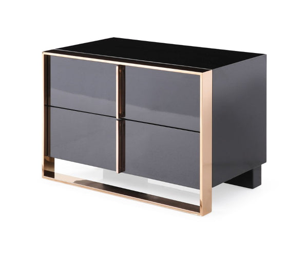 VIG Furniture Cartier Modern Nightstand In Glossy Black With RoséGold Stainless Frame, Soft-Close Drawers, Luxe Style VGVC-A002-N