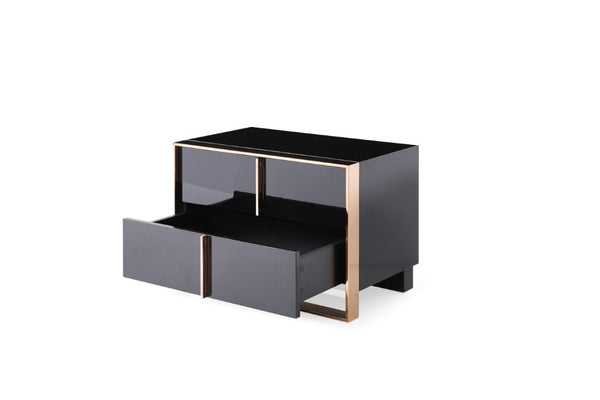 VIG Furniture Cartier Modern Nightstand In Glossy Black With RoséGold Stainless Frame, Soft-Close Drawers, Luxe Style VGVC-A002-N