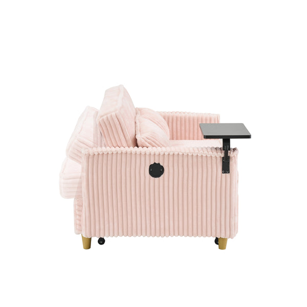 English Elm The pull-out and push-in corduroy sofa with convertible bed, movable tabletop and built-in USB ports Pink W3371P316056