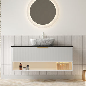 English Elm MALONE 48" Bathroom Vanity with Marble Ceramic Basin, Black Sintered Stone Top, LED Sensor Light, Soft-Close Storage W2615S00295