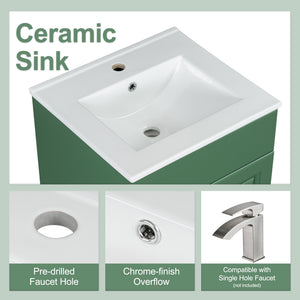 English Elm Christopher Knight Home® - 20" Bathroom Vanity with Ceramic Sink and Soft-Close Door, Gold Knob, Adjustable Shelf Storage Green N759P237946F