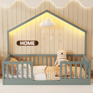 English Elm Twin Montessori Floor Bed House Frame with Led Lighting and Safety Rails for Kids Grey W2593P440597
