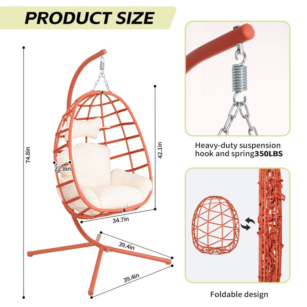 English Elm Egg Hanging Chair with Stand Pe Rattan Swing Seat Washable Cushion Patio Bedroom T5880P497444
