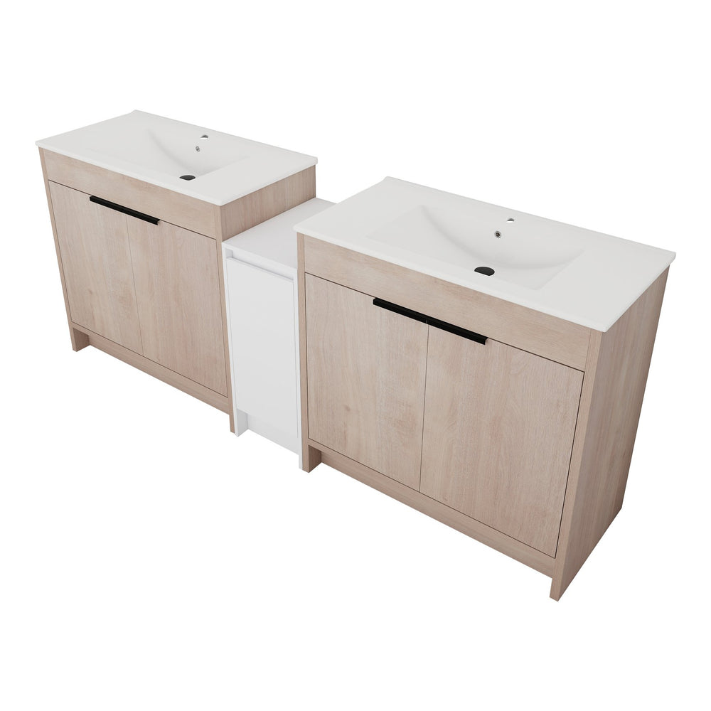 English Elm 84 Inch Freestanding Bathroom Vanity with Integrated Resin Sink, Soft-Close Doors, Shelves & Extra Storage Space Glossy White,Plain Light Oak W999S00320