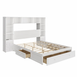 English Elm Queen Pine Wood Platform Bed with Built-In Nightstands, 2 Charging Stations, 3 Drawers & Storage BS701P286275K