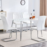 Hearth and Haven Table and Chair Set. 1 Table with 4 White Leatherette Chairs. Modern Minimalist Rectangular White Imitation Marble Dining Table, with Silver Metal Legs. Paired with 4 Chairs with Silver Legs.Dt-1544 C001 W1151S00905