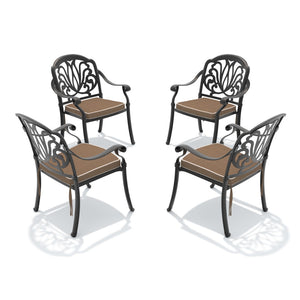 English Elm Cast Aluminum Outdoor Dining Chairs Set of 4 with Carved Relief Frame and Brown Cushions W1710S00504