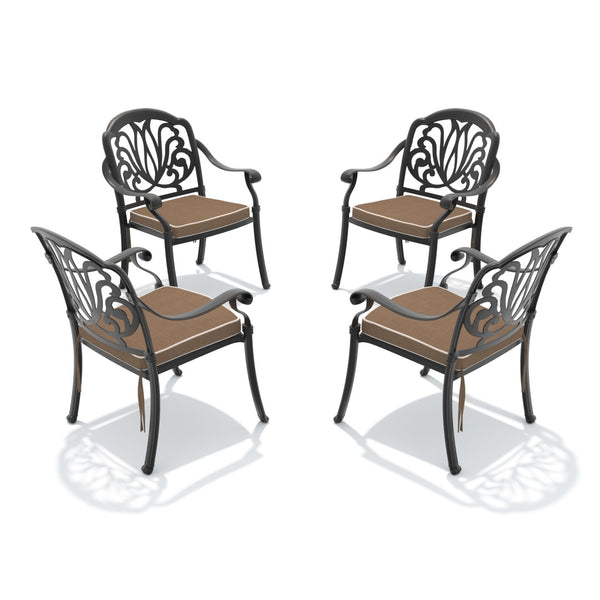 English Elm Cast Aluminum Outdoor Dining Chairs Set of 4 with Carved Relief Frame and Brown Cushions W1710S00504