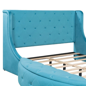 English Elm Upholstered Queen Platform Bed Velvet Wingback Storage Drawer with Side Stools LP100815AAC