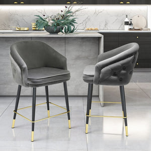 VIG Furniture Elliot Dark Grey Velvet Diamond-Tufted Bar Stool Set Of 2 — Black Tapered Legs With Gold Tips, 300 Lb VGSWSBC432-DKGRY-BS