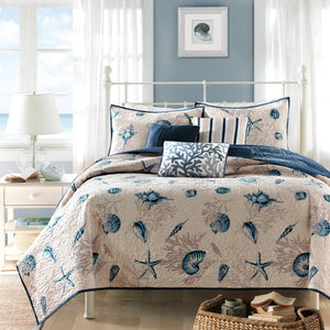 JLA Home Madison Park - Brushed Bayside Reversible Microfiber Quilt Set with Coastal Seashell Motifs and Three Decorative Pillows 90 L x 68 W x 0.25H MP13-483