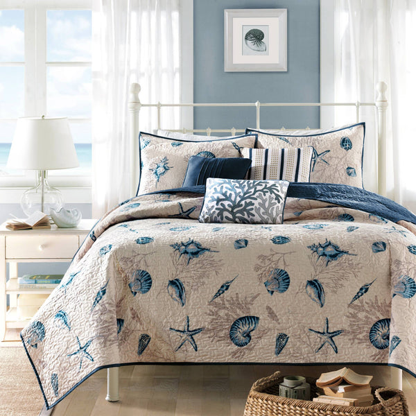 JLA Home Madison Park - Brushed Bayside Reversible Microfiber Quilt Set with Coastal Seashell Motifs and Three Decorative Pillows 90 L x 68 W x 0.25H MP13-483