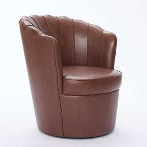 English Elm Brown Petal Swivel Chair - 360° Metal Base, Top-Grain Leather Wingback, Fluted Curved Accent Seat for Home Office Comfort and Style W570P375742