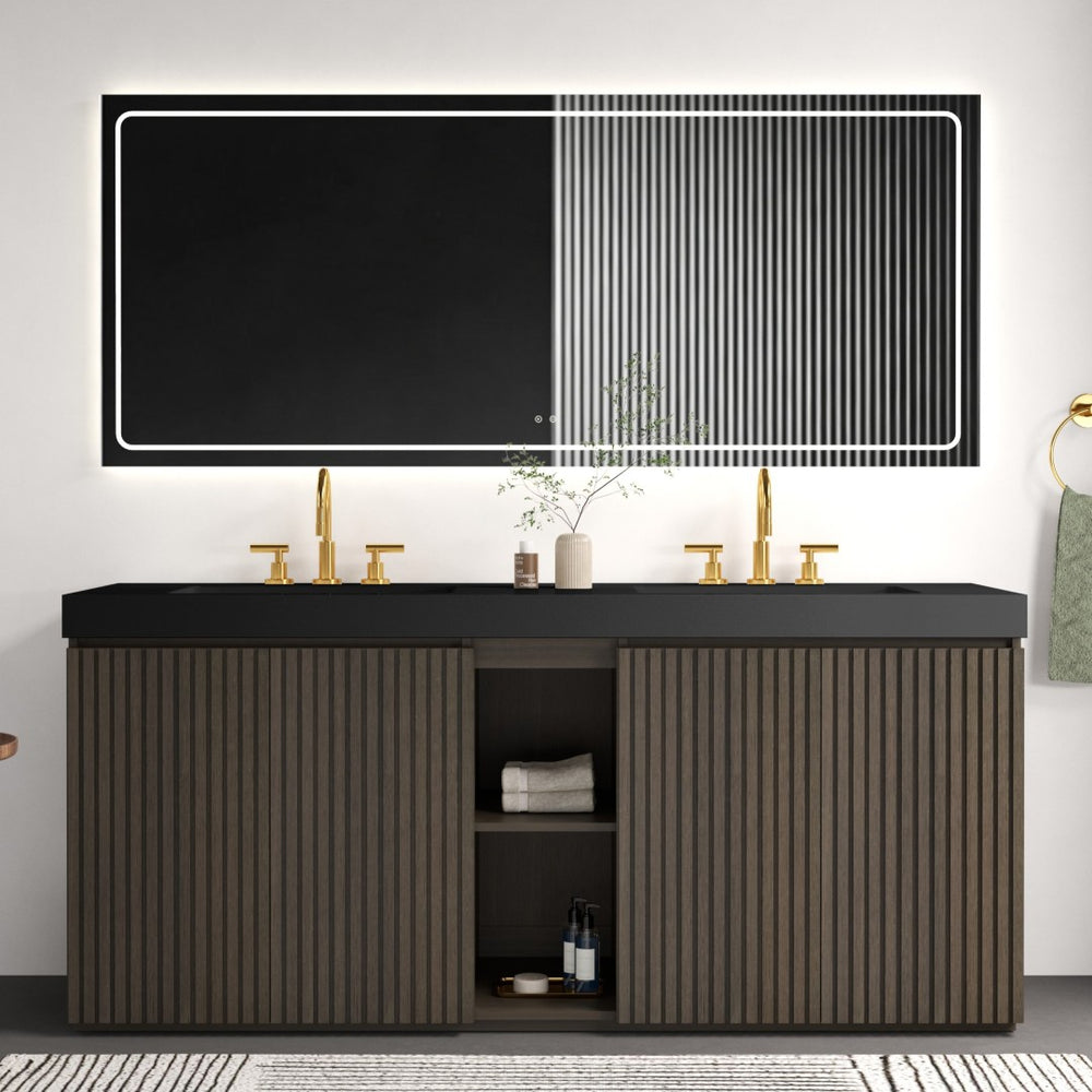 English Elm Galan 72 Inch Double Sink Vanity Fluted Wood Quartz Top Freestanding Bathroom Cabinet Oak,Smoke W1865S00229