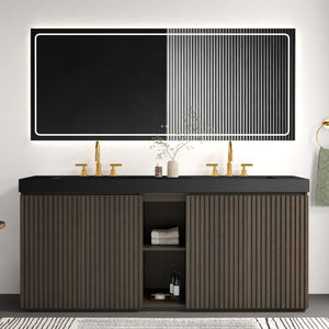 English Elm Galan 72 Inch Double Sink Vanity Fluted Wood Quartz Top Freestanding Bathroom Cabinet Oak,Smoke W1865S00229