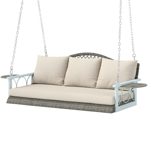 English Elm Porch Swing 3 Person Pe Wicker Outdoor Hanging Bench with Cushions and Cup Holders T3971P399012