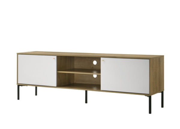 English Elm Tropea 58 Inch Open Shelf Media Console with Oak Finish and Cord Management B2749P413265