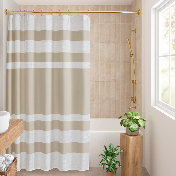 JLA Home Madison Park - Shower Waffle-Textured Stripe Curtain with 3M Scotchgard Water-Repellent Finish for Spa Bath Ambiance Taupe MP70-1483
