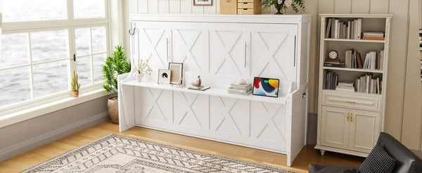 English Elm Full Murphy Bed with Fold Down Desk Led Lighting and Usb Port for Studio Spaces White W1580S00454